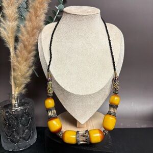 Tribal Bone Beaded Necklace | Yellow Multicolor Chunky Ethnic | Wicca Witch Boho